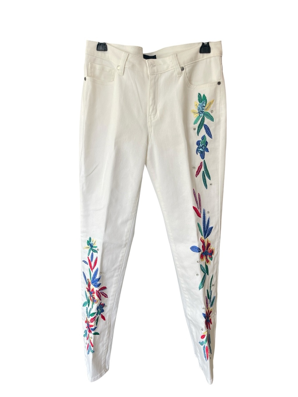 Denim White Straight-Leg Jeans with Multicolor Floral Embroidery